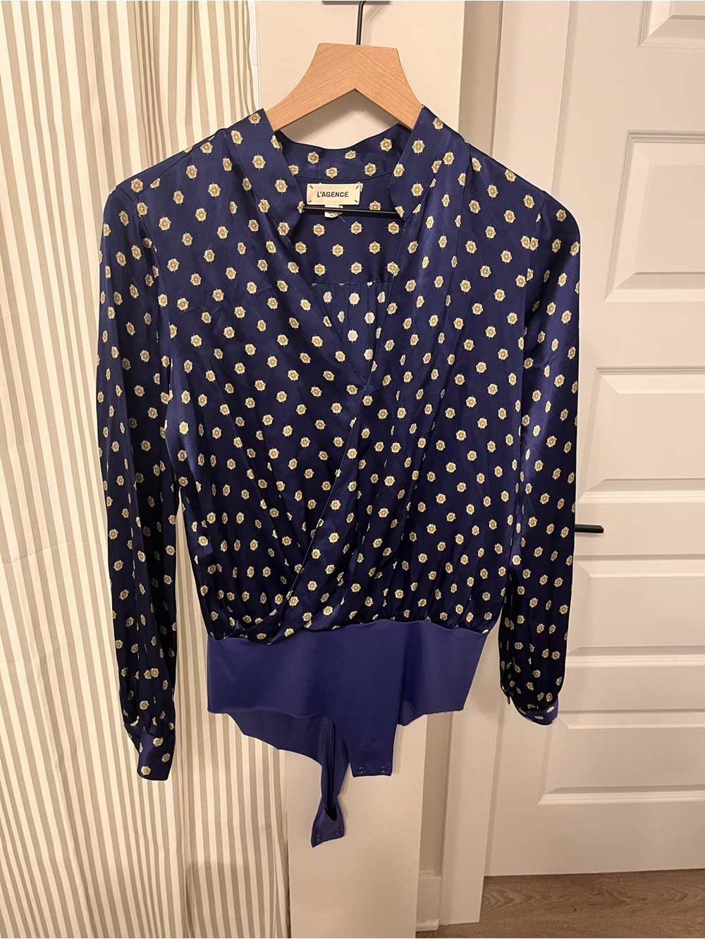 L'AGENCE Navy Wrap-Front Long Sleeve Top